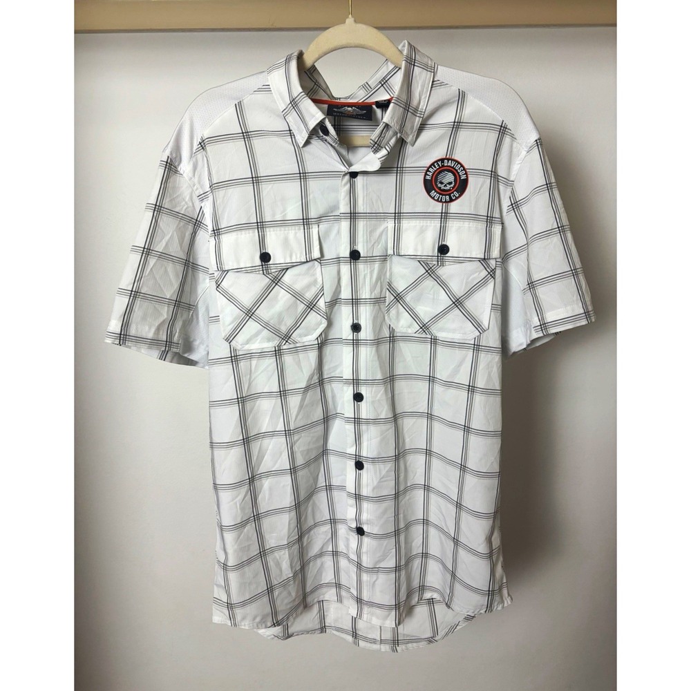 Harley-Davidson Men's L Plaid Short Sleeve Button-Up Shirt White/Black Pockets